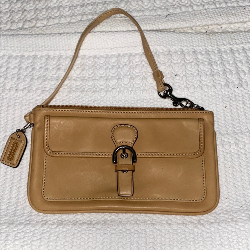 Coach Tan Leather Clutch Wristlet with Metallic Hardware